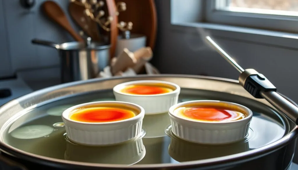 Why is crème brûlée cooked in a water bath