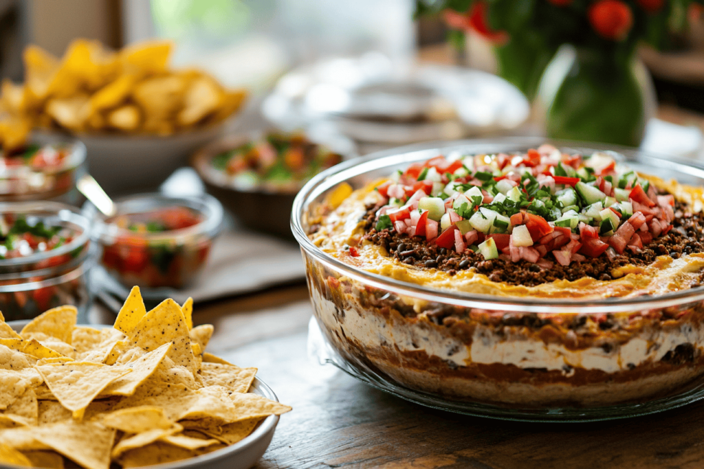 What is 5 layer dip made of" on a party table