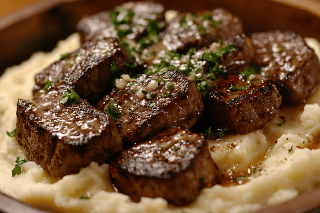 Garlic Butter Steak Bites and Mash perfection.