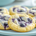 Blueberry cheesecake cookie with creamy swirl and juicy blueberries