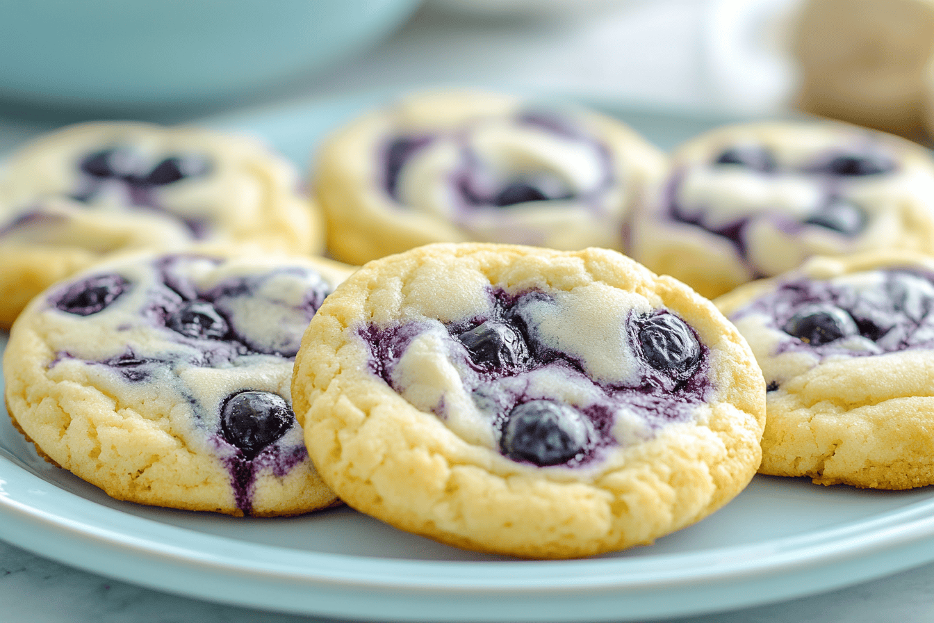 Blueberry cheesecake cookie with creamy swirl and juicy blueberries