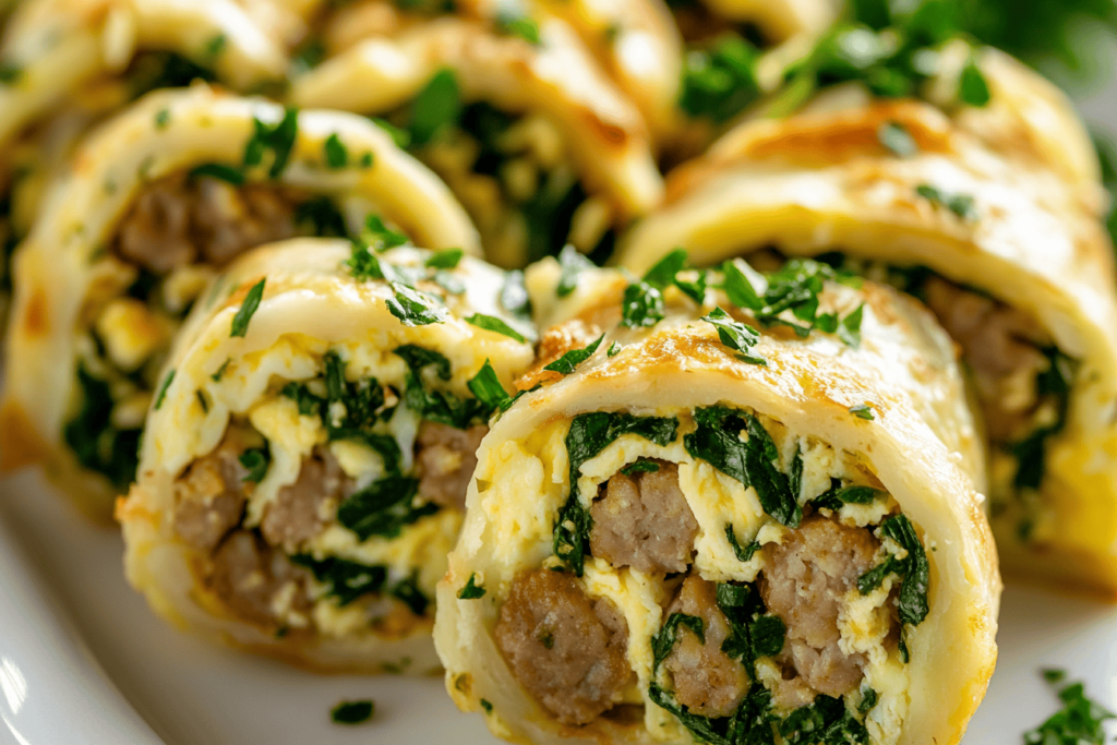 "Healthy Sausage Egg Cheese Breakfast Roll-Ups with turkey sausage and spinach