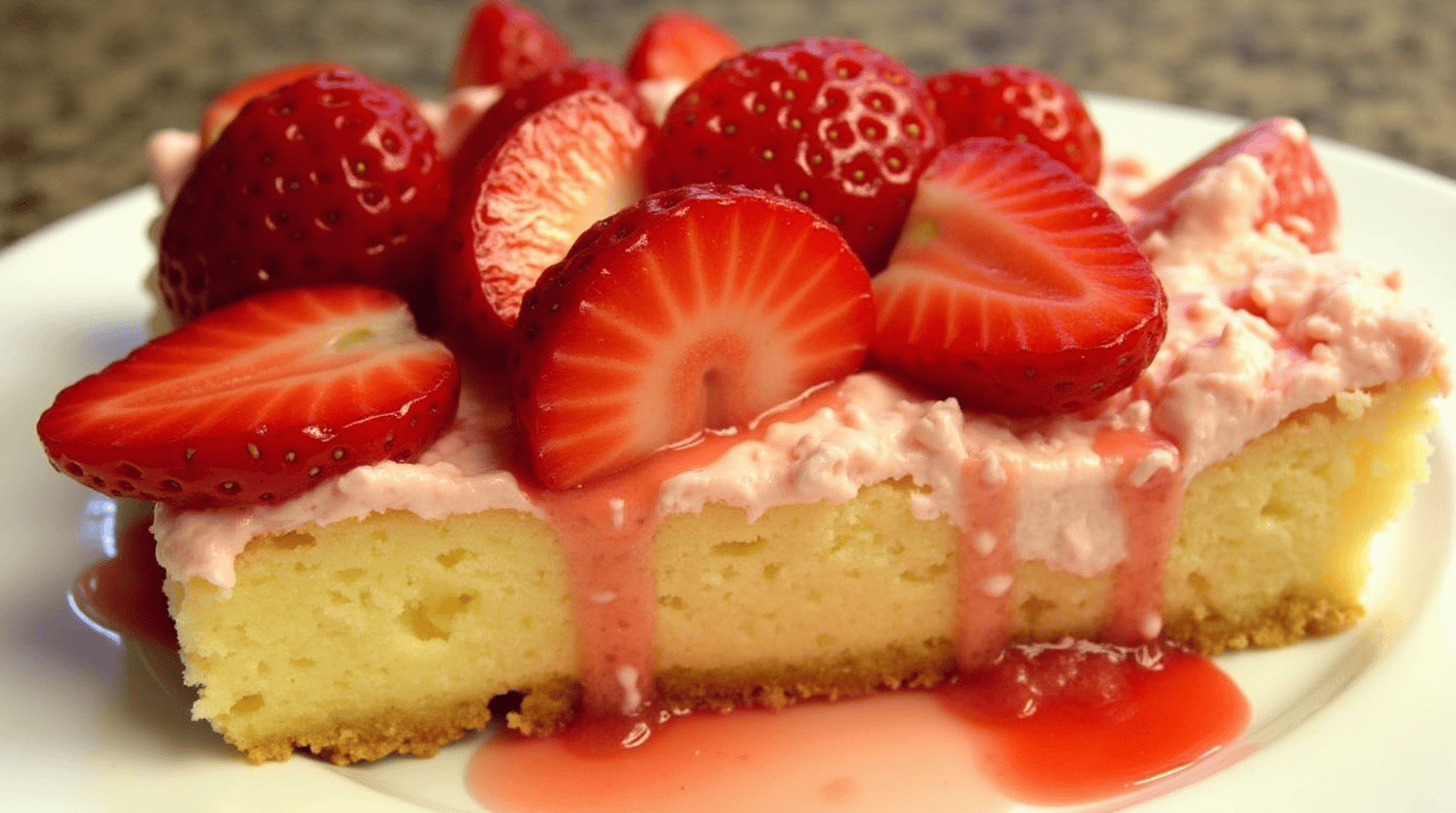 A slice of strawberry cheesecake dump cake topped with fresh strawberries and drizzled with strawberry sauce.