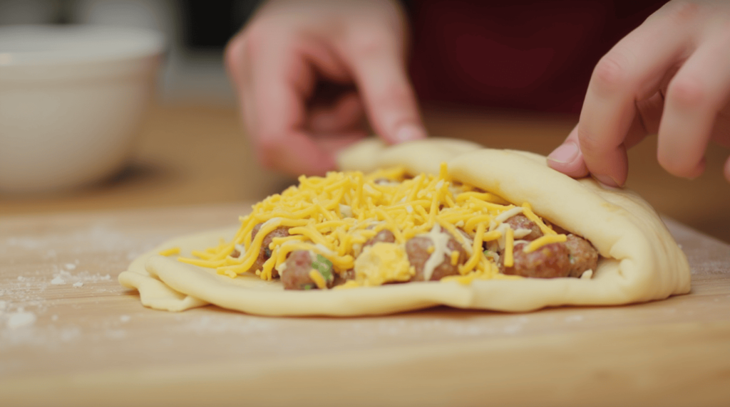 Rolling Sausage Egg Cheese filling into a crescent roll.