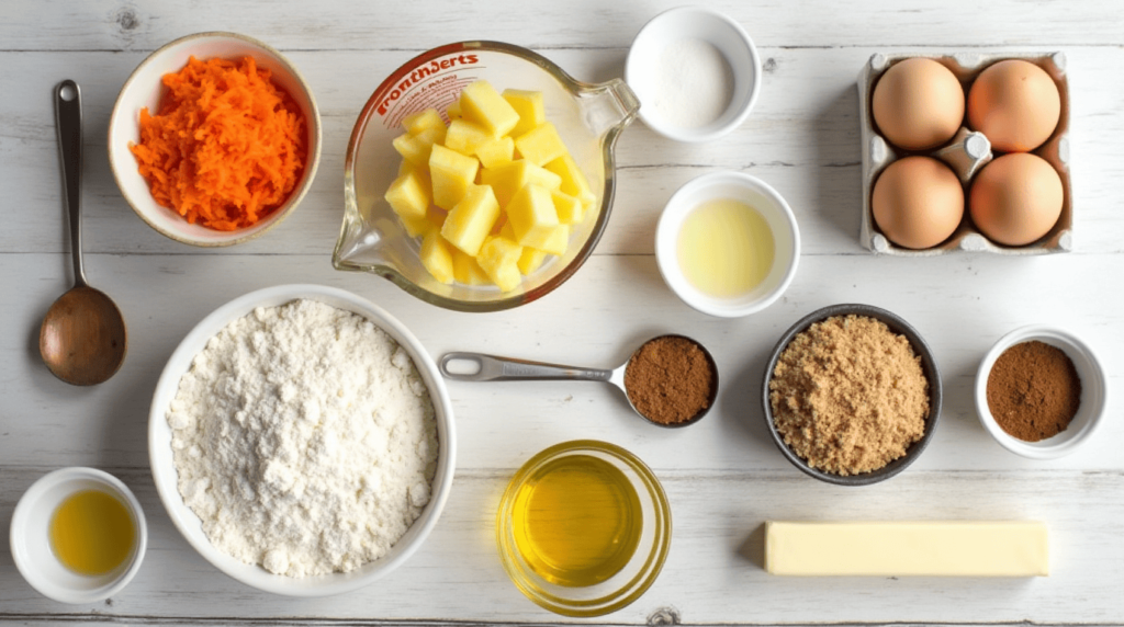 Hawaiian Carrot Pineapple Cake ingredients flat lay.
