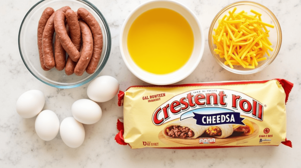 Ingredients for Sausage Egg Cheese Breakfast Roll-Ups.